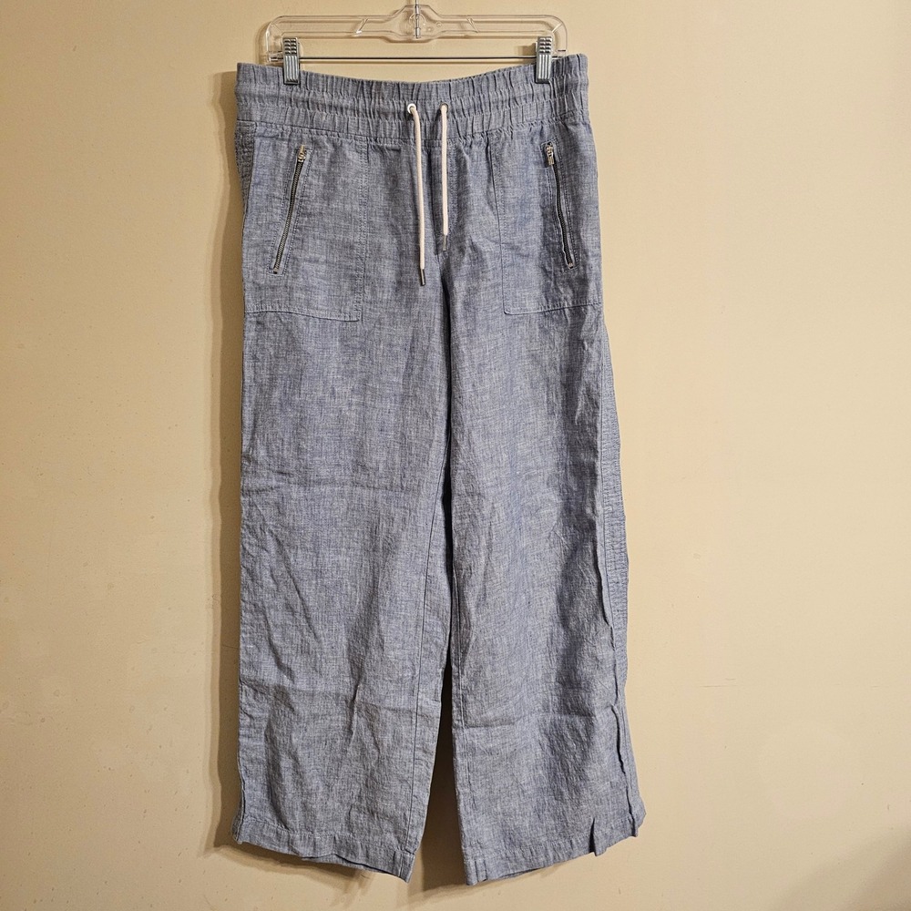 Athleta Cabo Linen Wide Leg Pant Women 8 Blue Zipper Pockets 447244-00